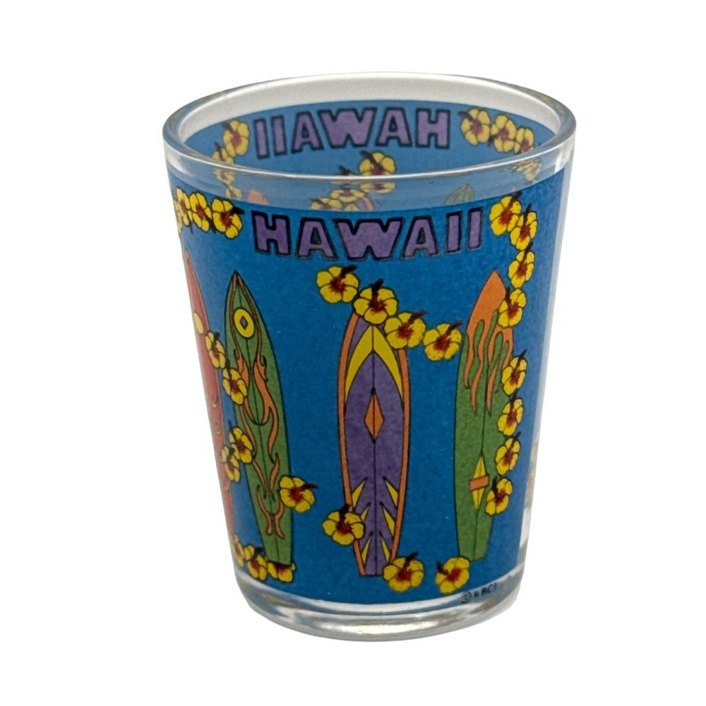 Vintage Hawaii Souvenir Shot Glass Surfboards and Floral